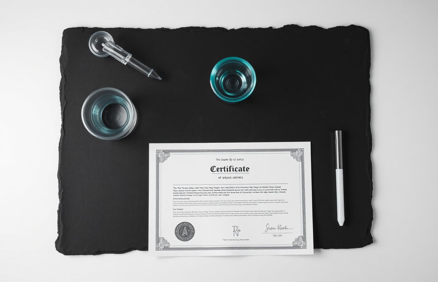 Laboratory glassware and a certificate of analysis on a slate surface